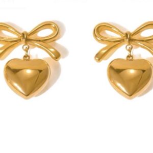 Heart Pendant Bow Stud Earring, Non-Tarnish.